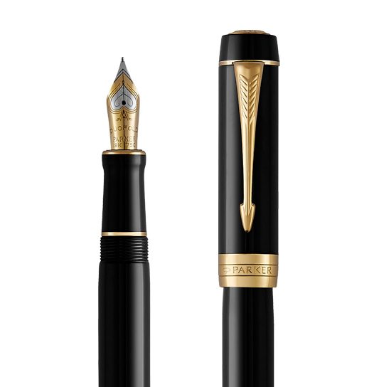 PARKER Duofold International Fountain Pen, Classic Black with Gold Trim,  Medium Solid Gold Nib, Black Ink and Convertor (1931384) : :  Office Products